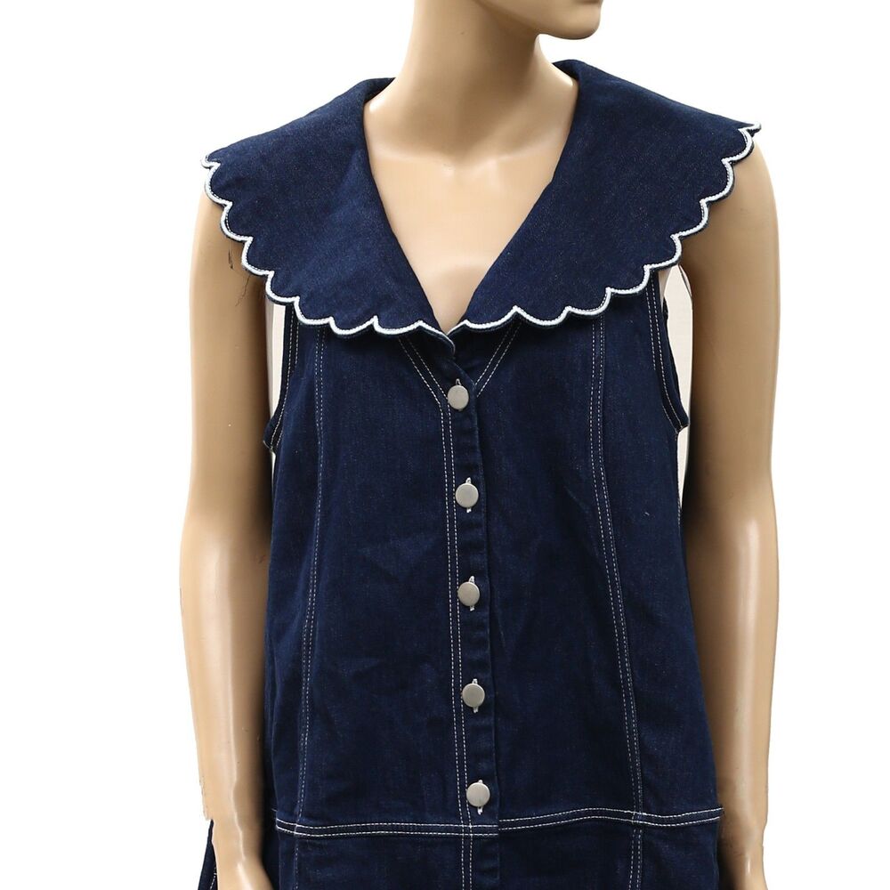 Anthropologie Pilcro Scalloped Denim Buttondown Dress Sleeveless Navy MP 288613 - Picture 7 of 10
